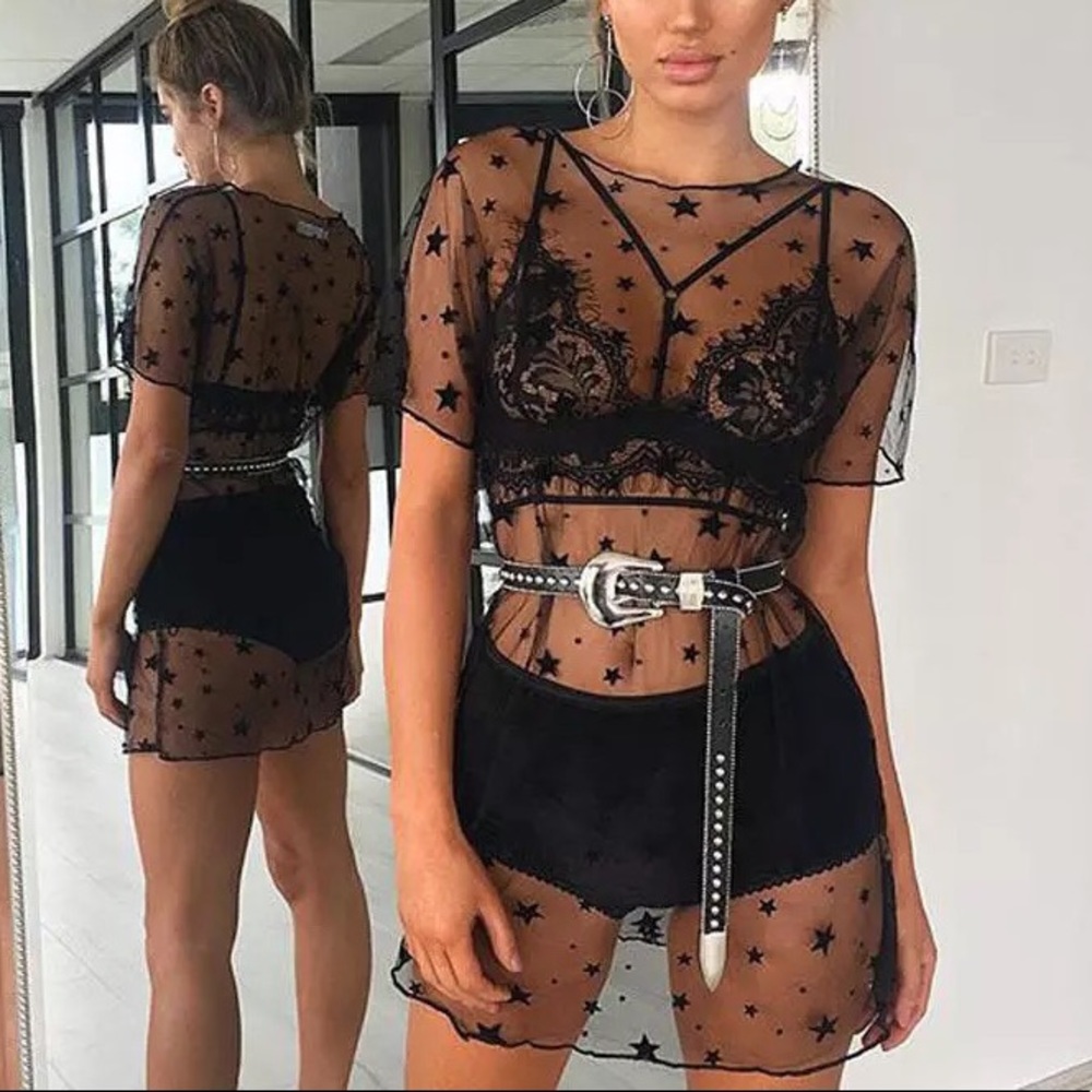 Night Sky Starry Bliss Mesh Mini Tunic & Coverup With Black Stars - Picture 2 of 3